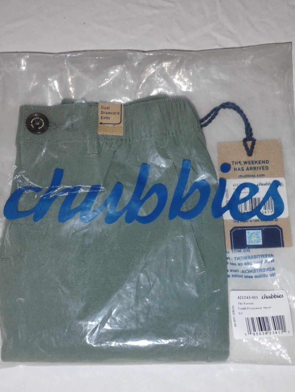 NWT Chubbies Youth Everywear Shorts XS "The Forests" Olive Green